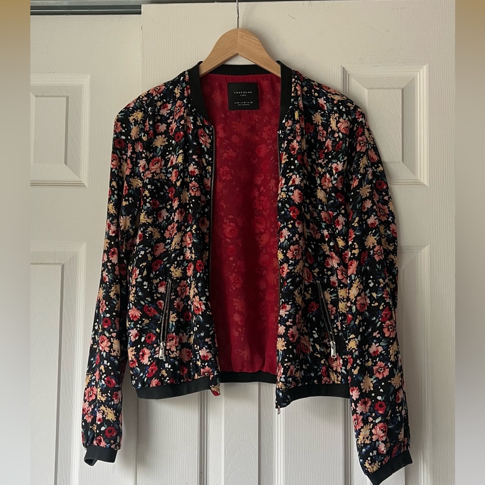 Zara TRF black and red floral bomber jacket